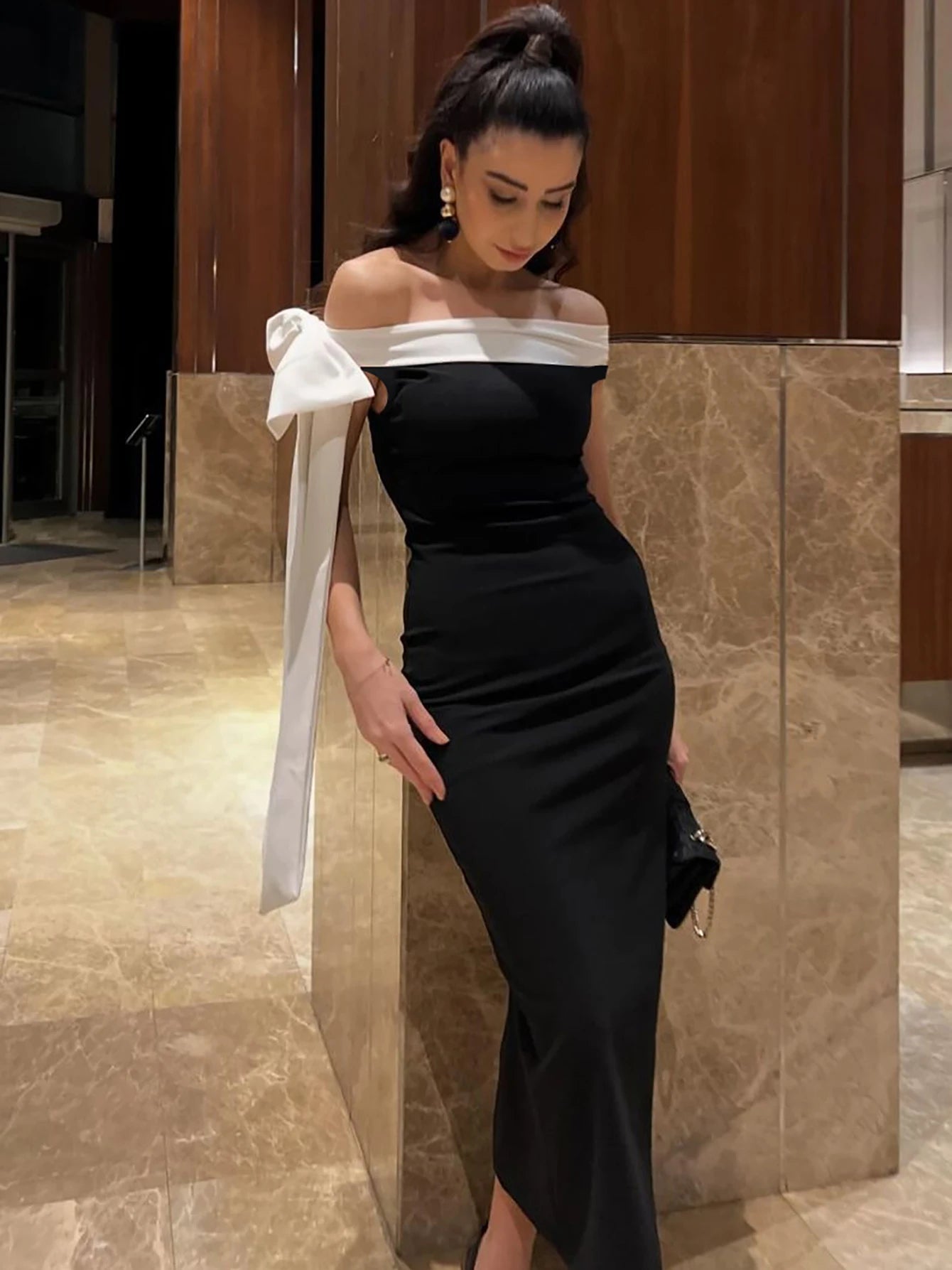 Nibber Black White Patchwork Woman Dress Elegant Bow One Shoulder Sleeveless Frenulum Temperament Skinny Noble Gown Vestidos Aviola