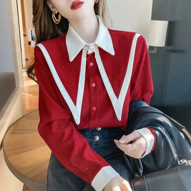 MEXZT Vintage Elegant Shirts Women Chiffon Patchwork Ruffle Turn Down Collar Long Sleeve Blouse Korean Office Lady Loose Tops Aviola
