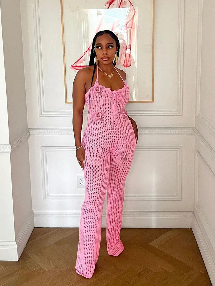 Nibber Knitted Lace-Up Jumpsuit Women Backless Halter Flower Applique Sleeveless 2025 Summer Vacation Trend Classic Overalls Aviola