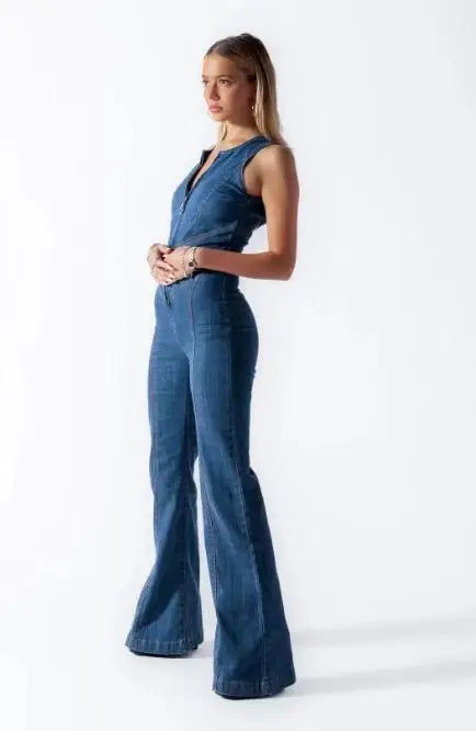 One Piece Denim Jumpsuit Summer New Slim Thin Backless High Waist Overalls Jeans Sleeveless Zipper V Neck Rompers Long Pants Aviola