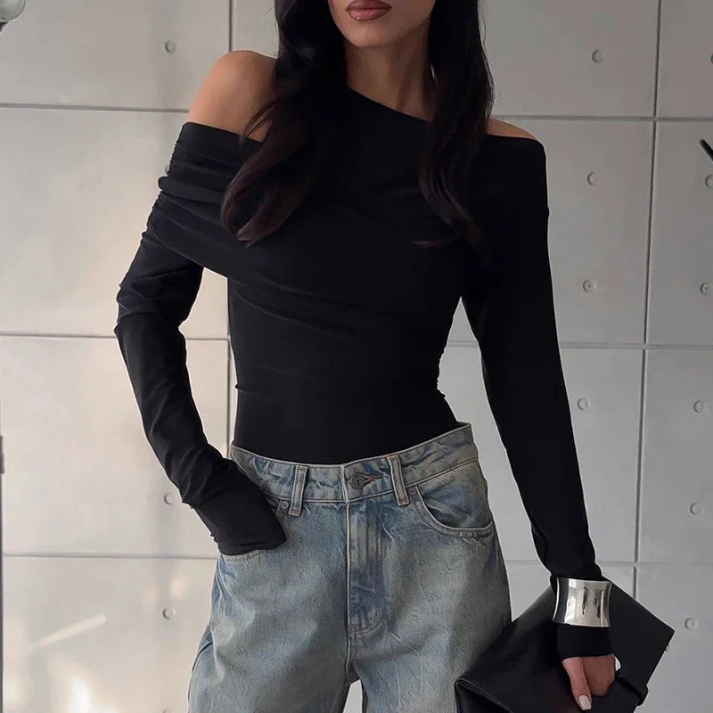 Nibber Elegant Woman Top Autumn Irregular Off Shoulder Stretch Street Fashion Blouse Simple Stylish Versatile Daily t-Shirt Aviola