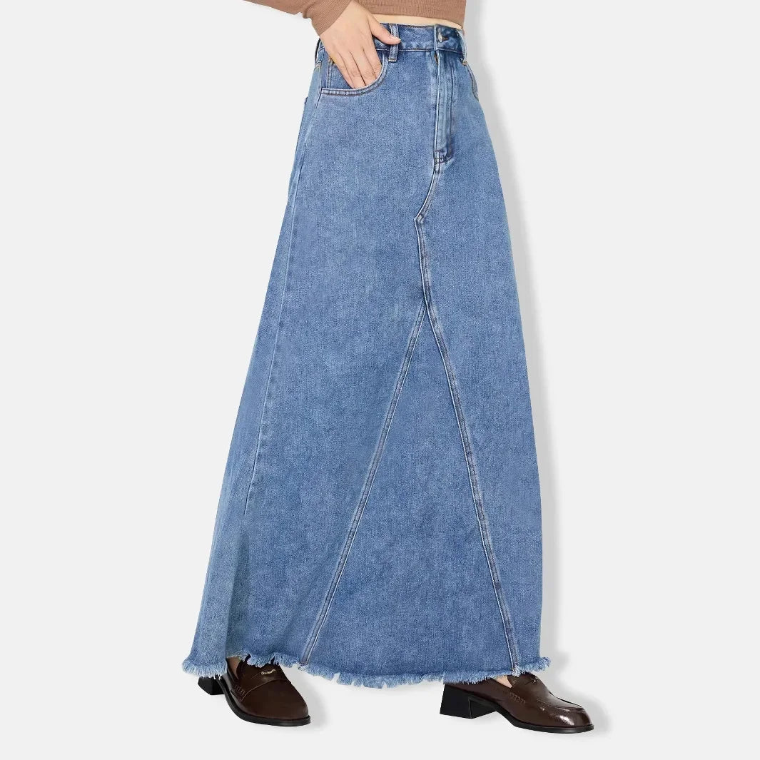 Denim Skirt Women Vintage Long Skirts High Waist Distressed Washed Button Pockets Summer Mom Jeans Y2k A Line Streetwear 2025 Aviola