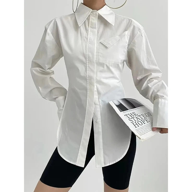 MEXZT Elegant White Shirts Women Fashion Streetwear Long Sleeve Blouses Korean Simple Pocket Button Up Ladies Design Tunic Tops Aviola