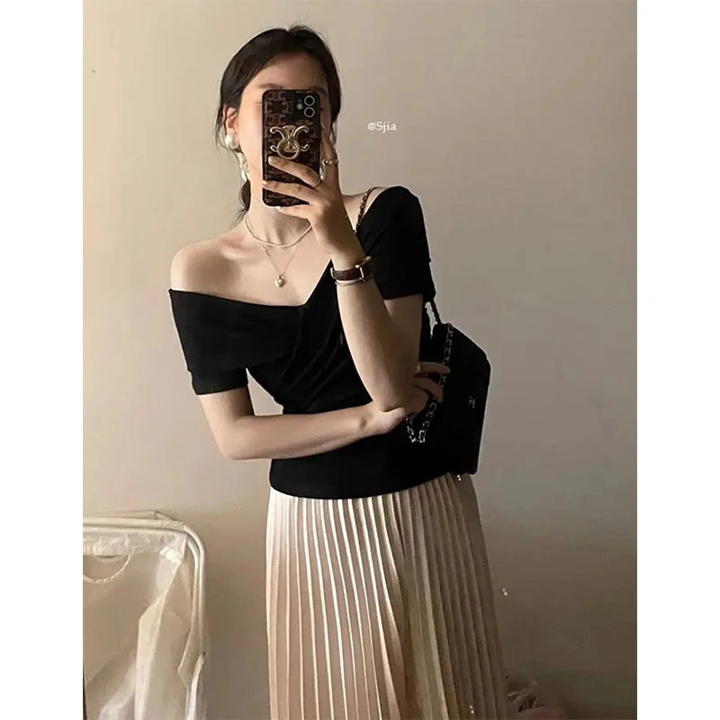 MEXZT Vintage Slash Neck T Shirts Women Streetwear Sexy Cross White Crop Tops Summer Korean Elegant Short Sleeve Design Tees New Aviola