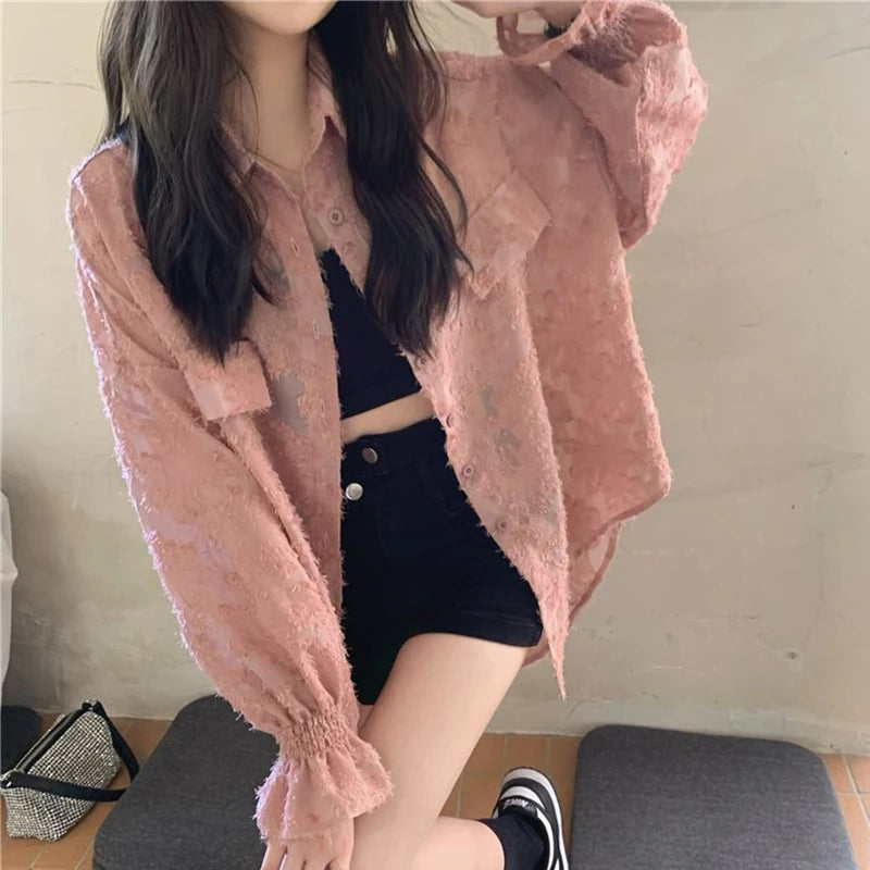 MEXZT Lace Blouses Women Sexy See Through Tassel Loose Sunscreen Shirts Summer Korean Sweet Elegant Casual Sun Protection Tops Aviola