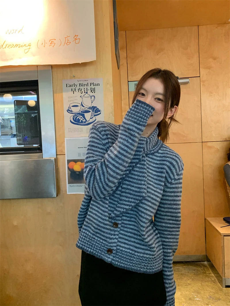 MEXZT Vintage Striped Knitted Cardigan Women Elegant Scarf Sweater Outerwears Korean Long Sleeve Knitwears Winter Casual Jumpers Aviola