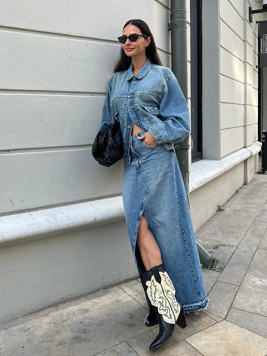 Denim Long Skirt Women Split Skirts Stretch High Waist Pockets Washed Distressed Mom Jeans 2025 Summer Streetwear Vintage A Line Aviola