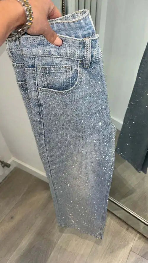 Denim Pant Women Mom Jeans Long Pants Hot Drilling Slim Fit High Waist Straight Trousers Y2k Streetwear Splice Club Party 2025 Aviola