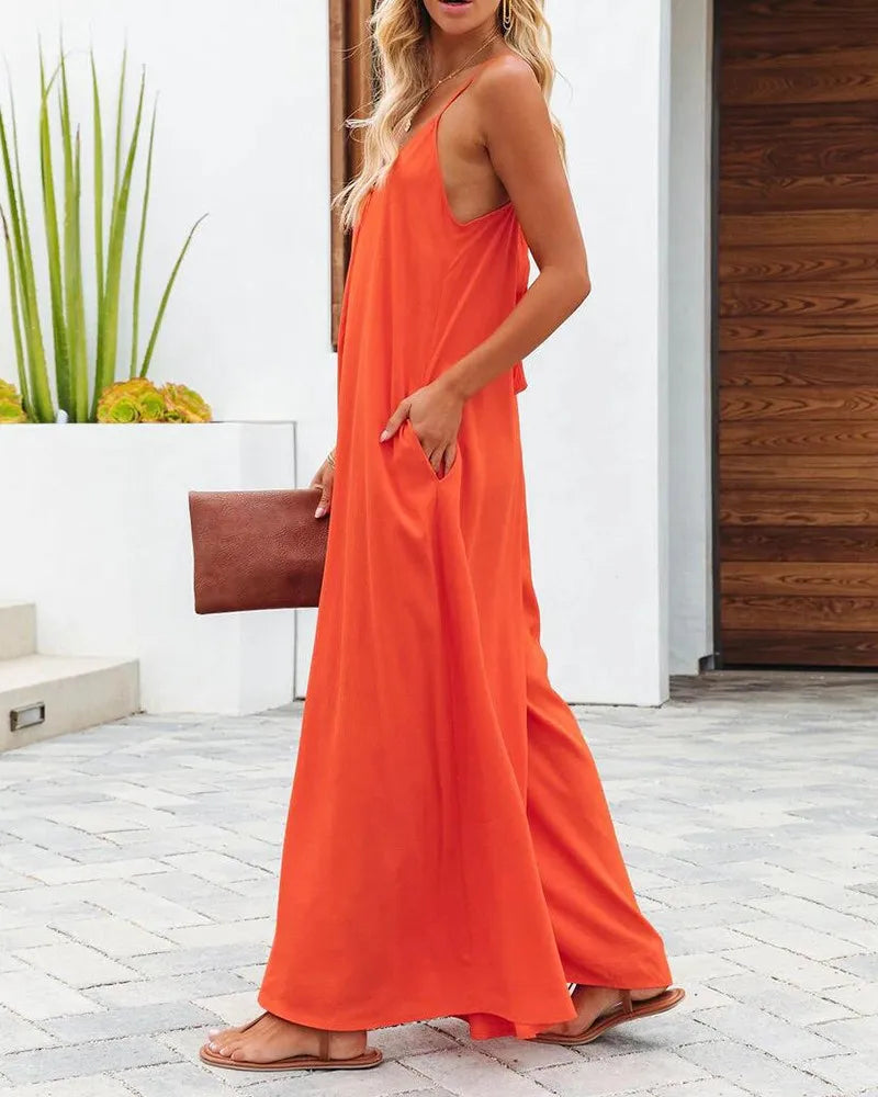 Women Jumpsuits V Neck One Piece Ankle Length Wide Leg Pants Rompers Backless Overalls Solid Pockets Loose Casual Mid Waist Aviola