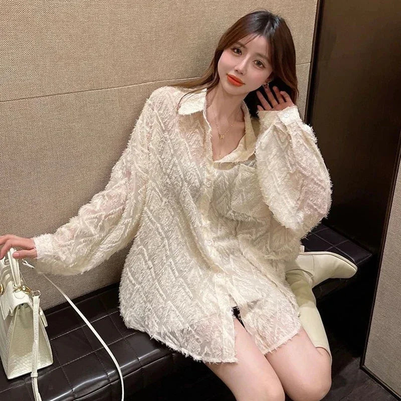MEXZT Lace Blouses Women Sexy See Through Tassel Loose Sunscreen Shirts Summer Korean Sweet Elegant Casual Sun Protection Tops Aviola