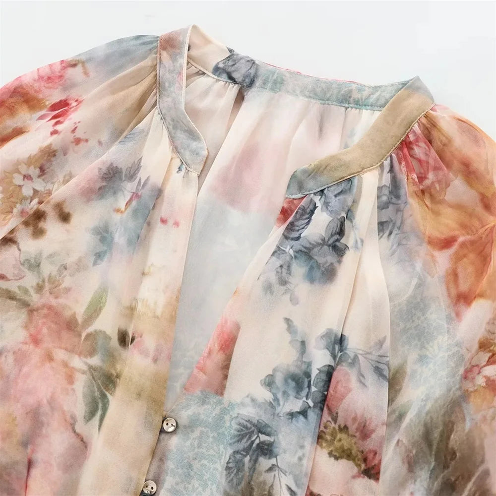 BM&MD&ZA2025Flower Print V-Neck Long Sleeve Loose Casual Dress with Belt Long Skirt Summer New Arrivals Women's Clothing Aviola
