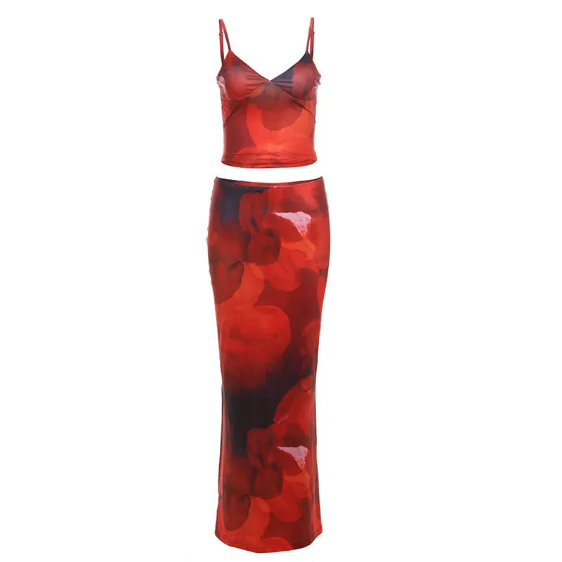 nibber Tie-Dye Print 2 Piece Set Women Summer Y2K Fashion Hipster Elegant V-Neck Camisole+Maxi Skirts Matching Streetwear outfit Aviola