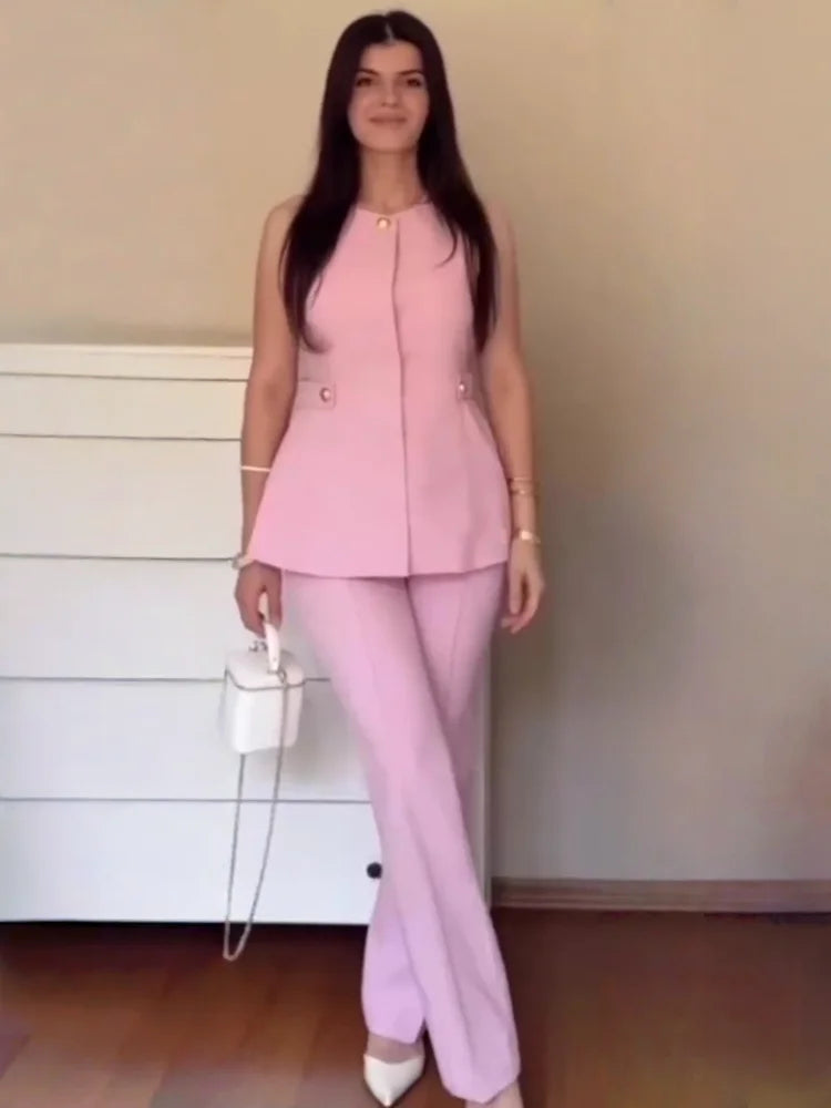 Elegant High Waist Slim Flared Pants Set with round Neck Sleeveless Vest Top And Short Skirt Hem for Women Aviola
