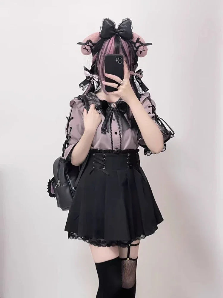 MEXZT Kawaii Bow Pink Shirts Women Japanese Jk Lolita Lace Patchwork White Blouses Summer Y2K Aesthetic Flare Short Sleeve Tops Aviola