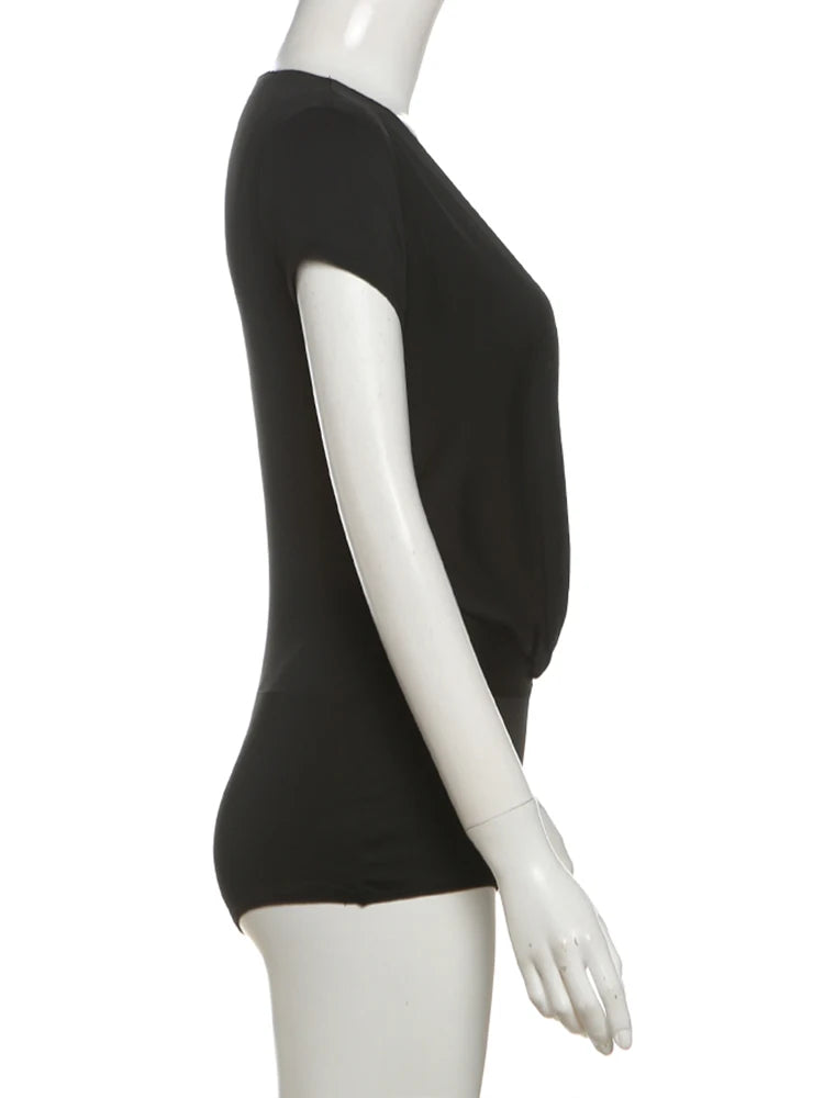 Nibber Deep v-Neck Bodysuits Women Folds Skinny High Elasticity Solid Simple Classic Sexy Midnight Summer Streetwear Outfits Aviola