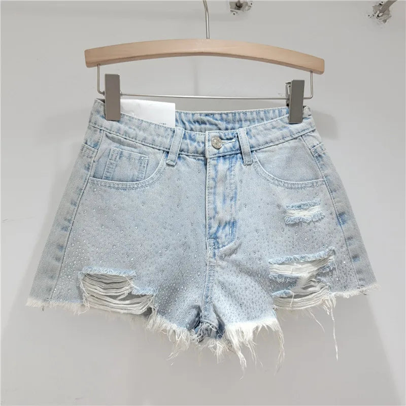 Shorts Denim Pant Women Jeans Short Pants Hot Drilling High Waist Straight Trousers Y2k Streetwear Splice Slim Fit Summer Party Aviola