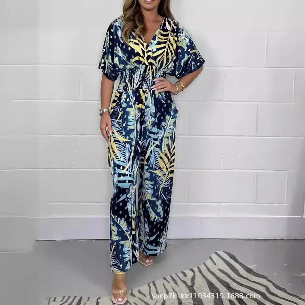 Rompers Women V Neck Jumpsuits Ankle Length Wide Leg Pants Print Pullover One Piece Y2k Streetwear Loose Casual Pockets Aviola