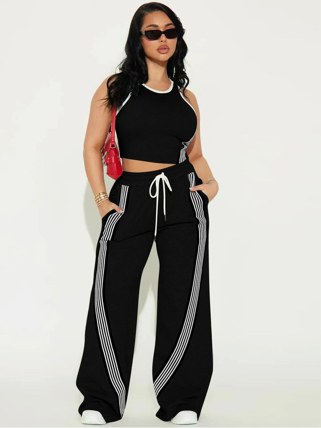 Two Piece Sets Women Sports Suit Vest Top Wide Leg Pants Striped Elastic Waist Matching Sets Trousers Sportswear 2025 Tracksuit Aviola