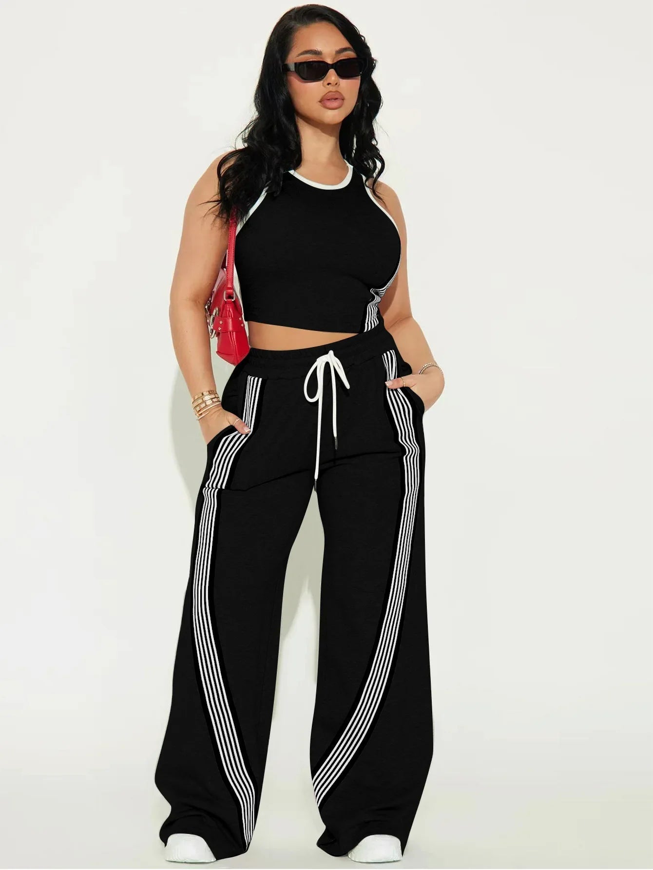 Two Piece Sets Women Sports Suit Vest Top Wide Leg Pants Striped Elastic Waist Matching Sets Trousers Sportswear 2025 Tracksuit Aviola