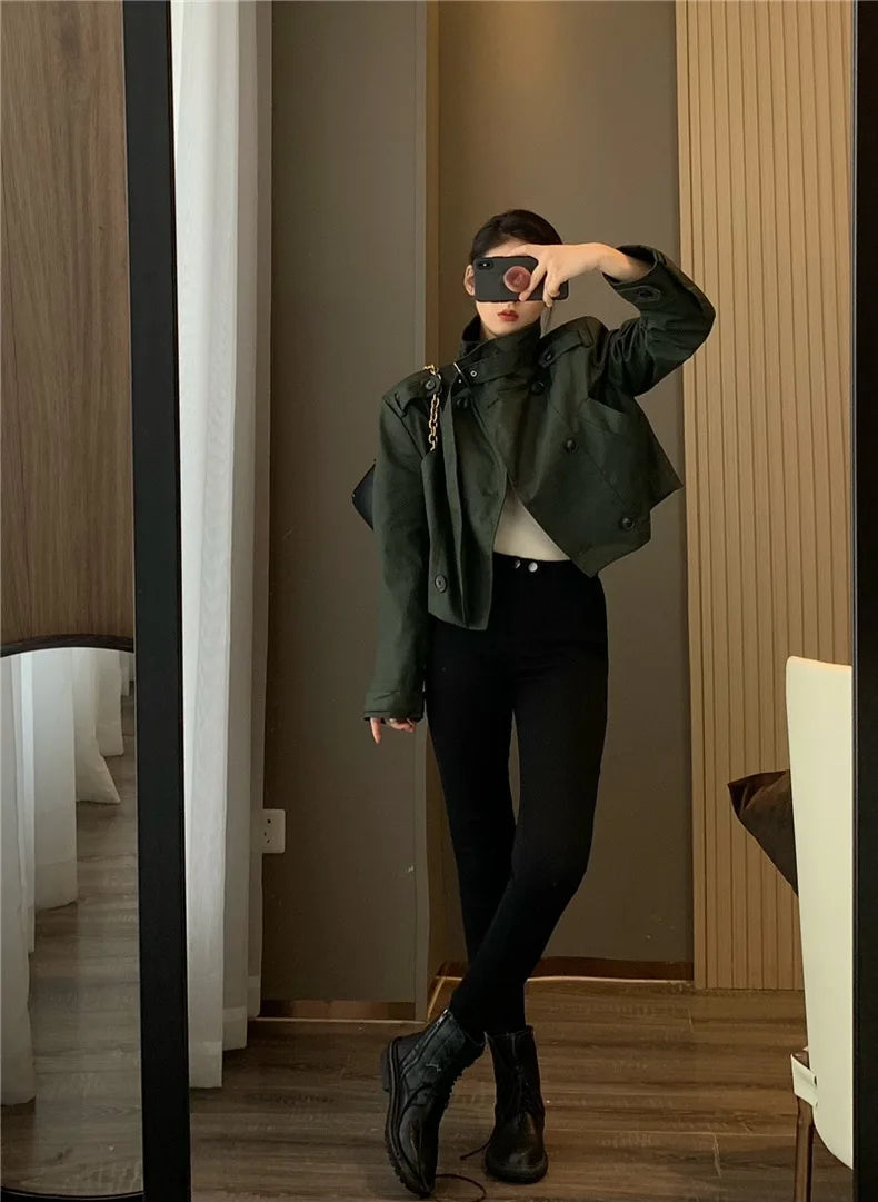 RARF 2024 autumn new women's fashion pocket double breasted waxed leather short trench coat women's top coat Aviola