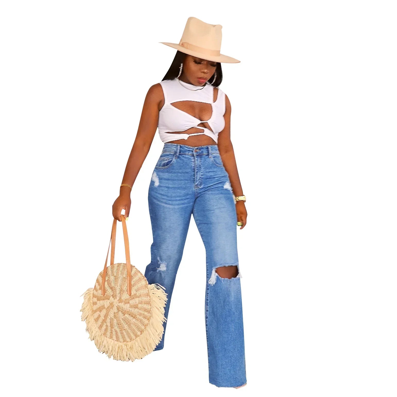 Women Jeans Ankle Length Holes Loose Flat Straight Mom Pants Zipper Fly Pockets Solid Color High Street Slight Strech Denim Aviola