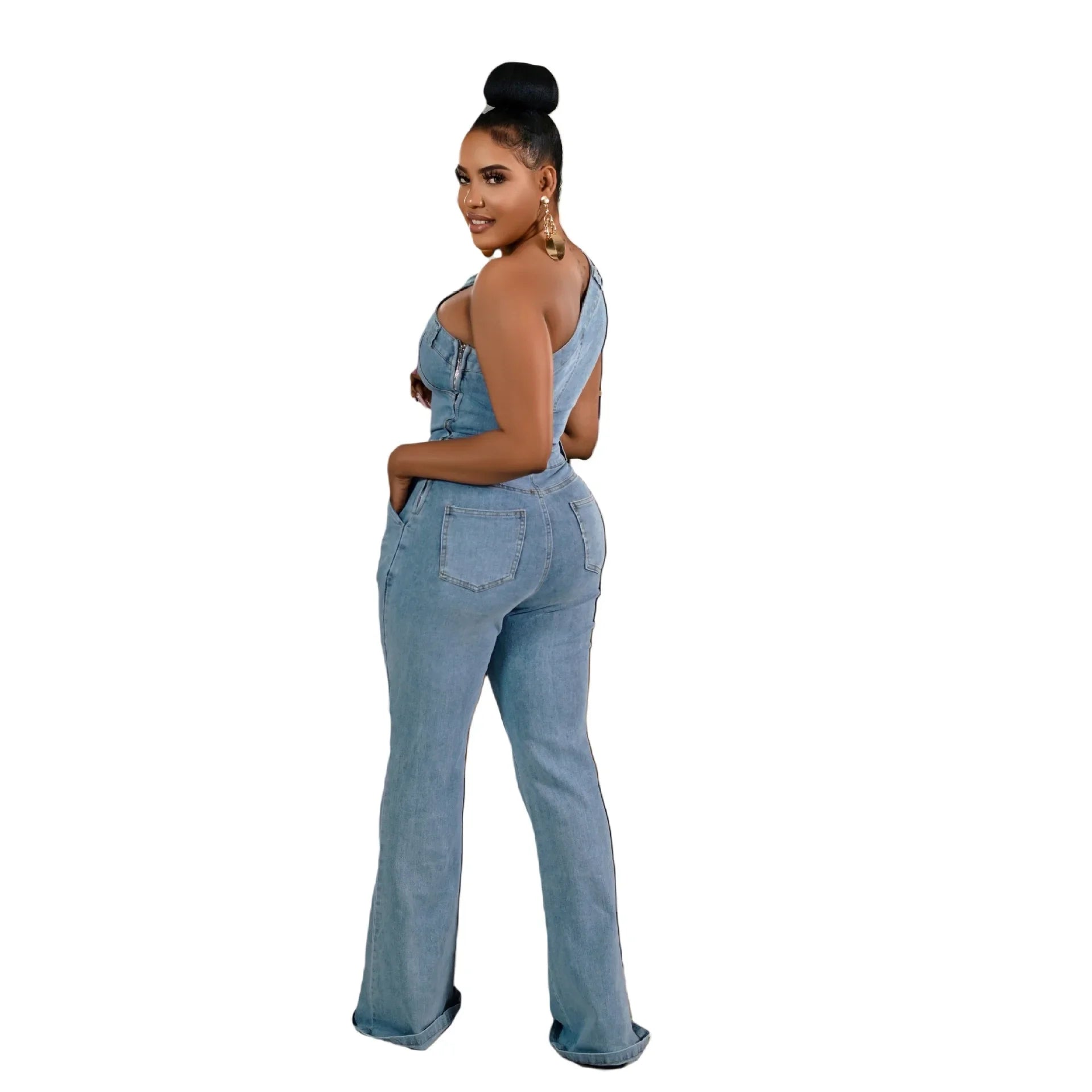 Flare Denim Pants Full Length Women Jeans One Piece Overalls Spliced Solid Jumpsuits Loose Pockets High Waist Basics Washed Aviola