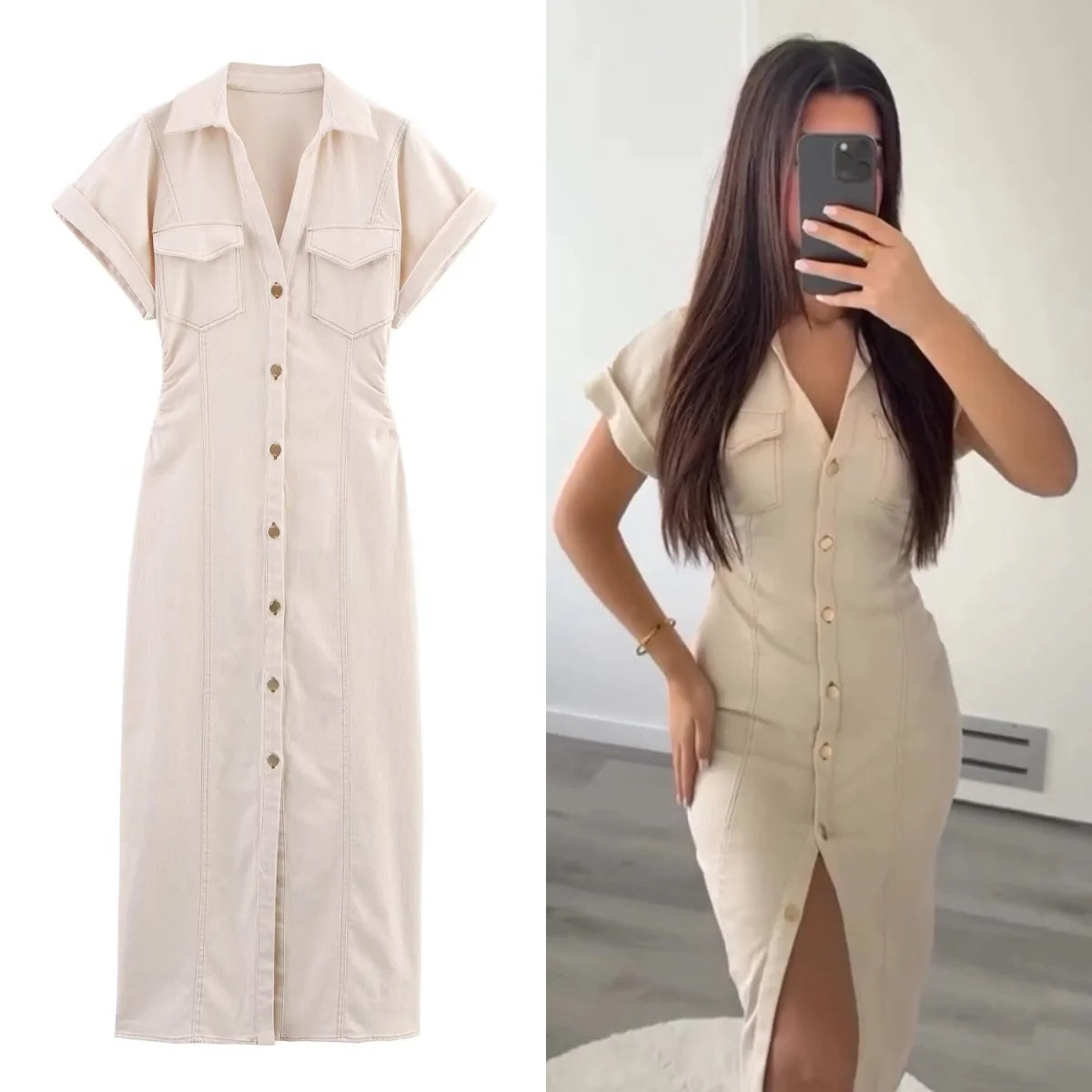 UNIZERA 2025 summer new traf women's elegant and fashionable pleated waist V-neck short-sleeved temperament denim dress Aviola