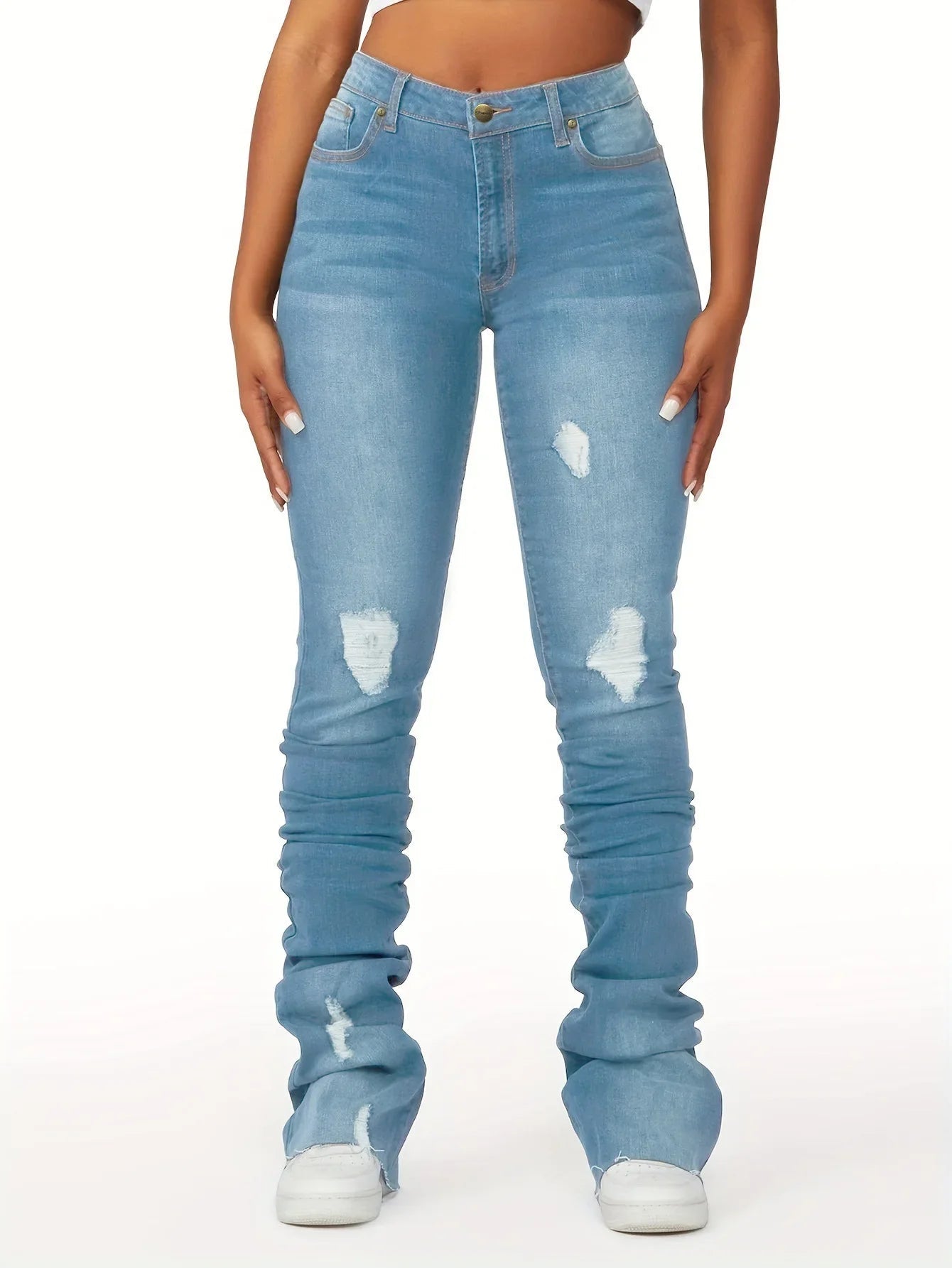 Washed Denim Straight Pants Women Ankle Length Jean Ripped Hole Distressed Pockets Solid Casual Skinny Vintage High Waist Aviola
