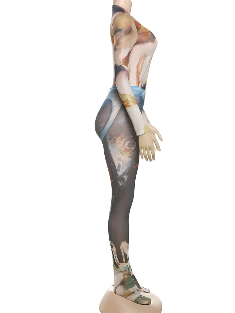 Nibber Skinny Aesthetic Print Women Tracksuit 2 Piece Set Sexy Hipster Thin Bodysuit+Leggings Tight Stretch Street Matching Suit Aviola