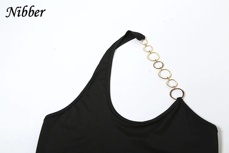 Nibber Metal Buckle 2 Piece Set Women Summer Halter Irregular Classic Tops+Skirts Skinny Solid Midnight Party Matching Suits Aviola
