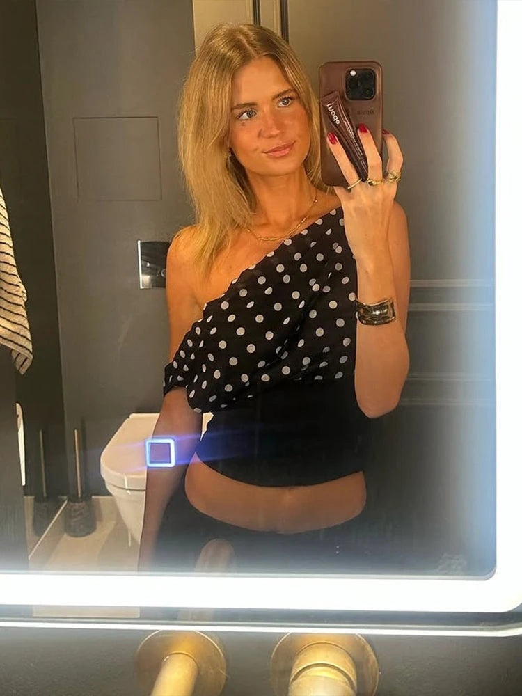 Nibber Daily Skew Collar Off Shoulder T-Shirt Women Polka Dots Print Summer Trend Backless Street Fashion Trend Ruched Crop Tops Aviola