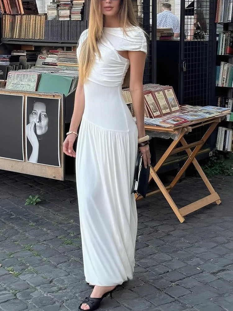 Nibber Solid Ruched Elegant Dress Women Summer Trend o-Neck Short Sleeve Ruffles Hem Vacation Beach Party Style Long Bodycon Aviola