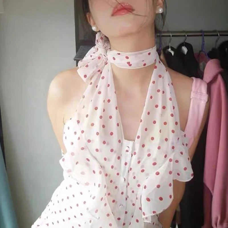 MEXZT Vintage Polka Dots Shirts Women Sexy Cropped Halter Sleeveless Chiffon Blouses Summer Korean Ruffles Print Design Tops New Aviola
