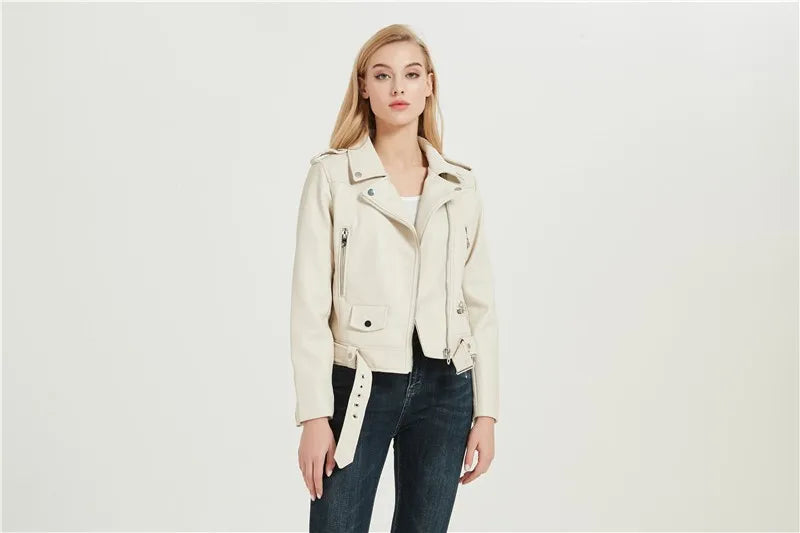 RARF Spring and Autumn 2025 New faux leather PU jacket with belt women's lapel motorcycle jacket black zip biker jacket Aviola