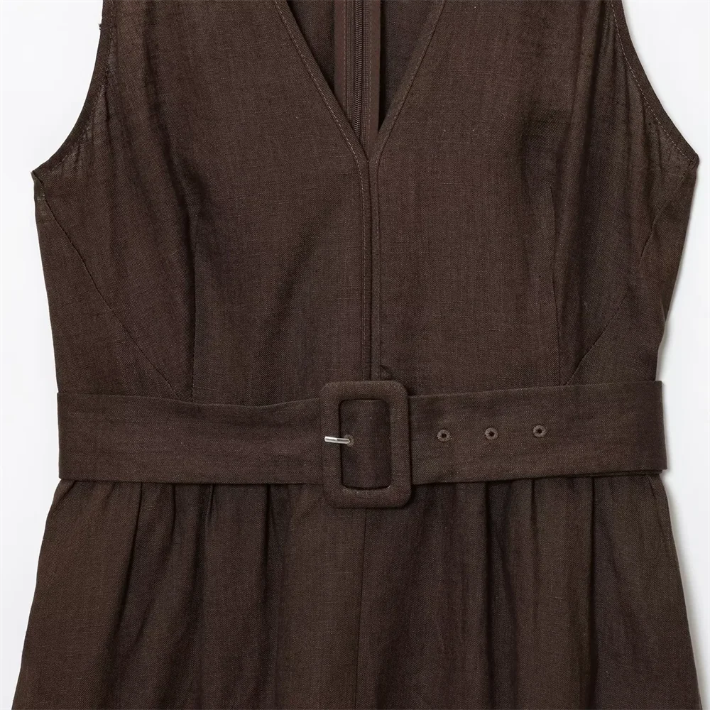 BM&MD&ZA2025Fashion V-neck Wide Shoulder Straps with Belt Design Sleeveless A-line Vest Dress Summer New Arrival Women's Dress Aviola