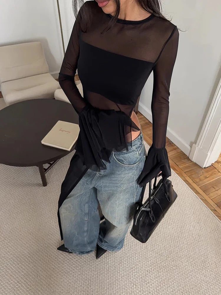 Nibber Irregular Hem t-Shirt Women Patchwork Sexy o-Neck Flared Sleeves Summer Daily Fashion Midnight Skinny Hottie Long Tops Aviola