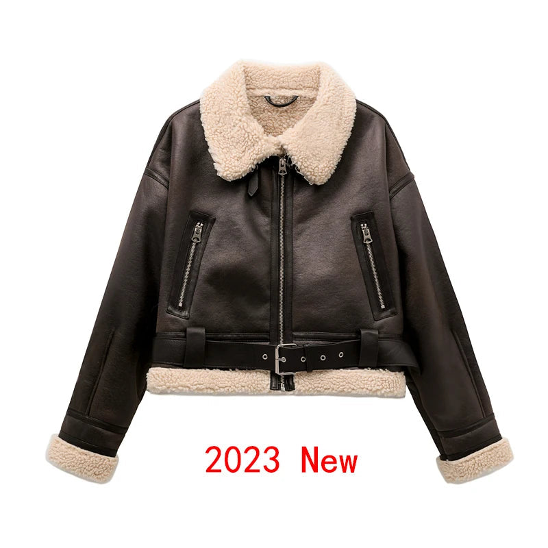 RARF 2024 New Woman's Fashion Thick Warm Faux Shearling Jacket Coat Vintage Long Sleeve Belt Hem Female Outerw Aviola