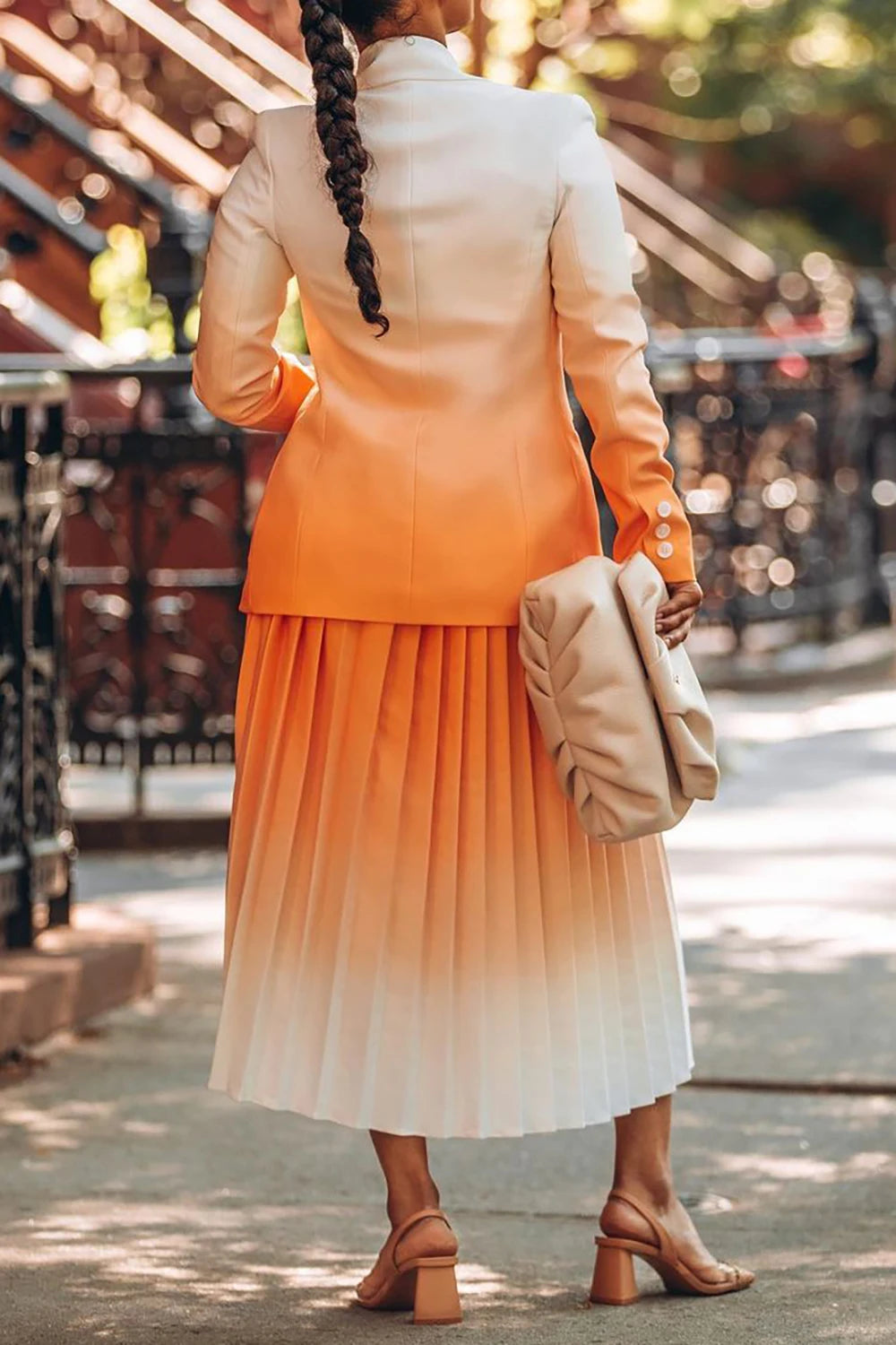 Plus Size Business Casual Skirt Set Orange Gradient Pleated Long Sleeve Blazer Suit Two Piece Skirt Set Aviola