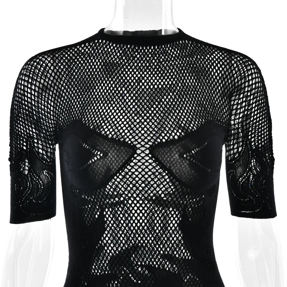 Nibber Hottie Sexy See Through Dress Women Flame Patchwork Print o-Neck Short Sleeve Skinny Peach Hip Street Hipster Outfits Aviola