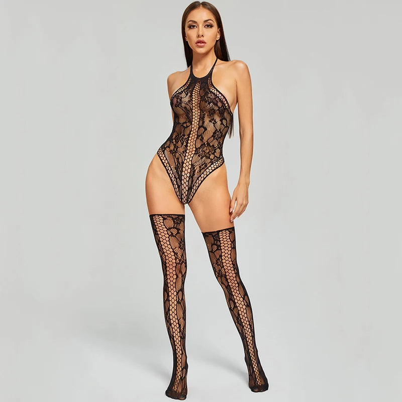 Lace Floral Patchwork Body Stockings Erotic Lingerie Women Stretch Mesh Tights Sexy Halter Pantyhose High Fishnet Long Stockings Aviola
