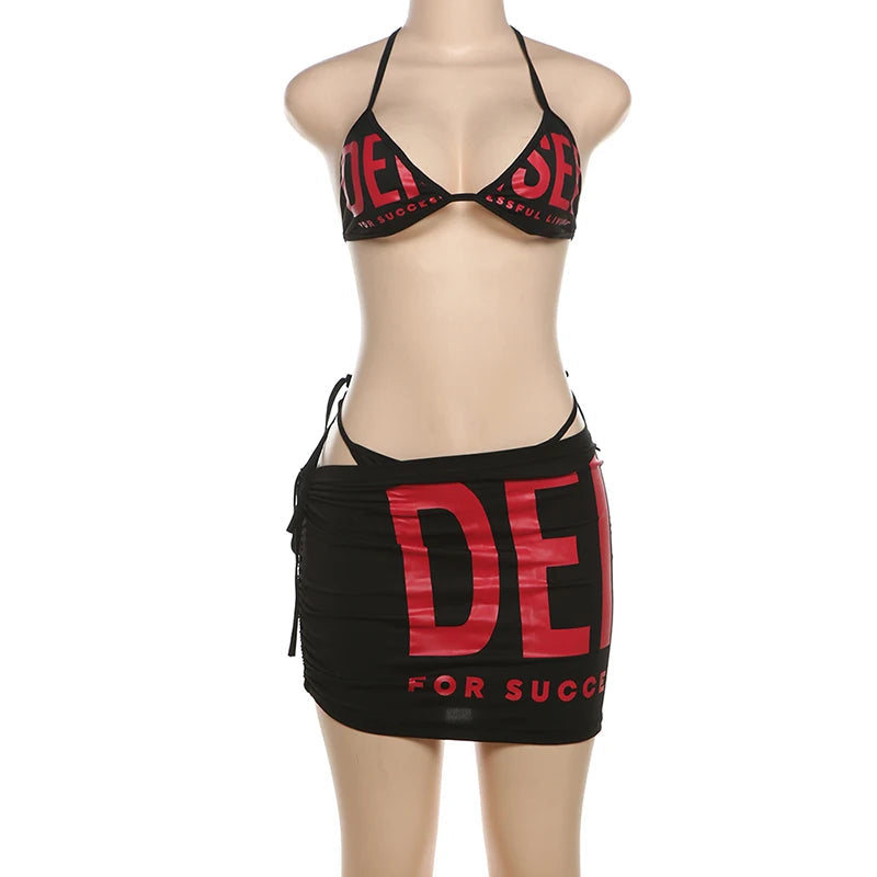 Nibber Letter Print Woman 3 Piece Set Bandage Bra+Mini Bottoms+Mini Skirt Beach Party Fashion Sexy Style Hottie Matching Suit Aviola