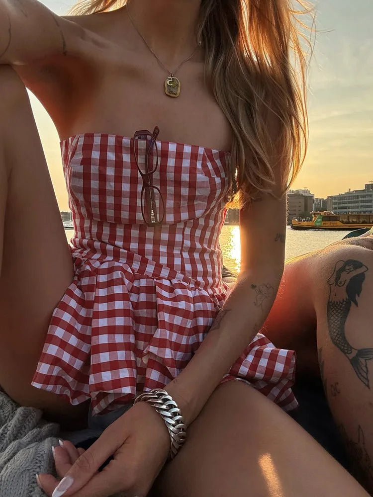 Nibber Red And White Checkered Print Chest Wrap Pleated Fluffy Hem Sleeveless Backless Vacation Versatile Beach Party Trend Tops Aviola