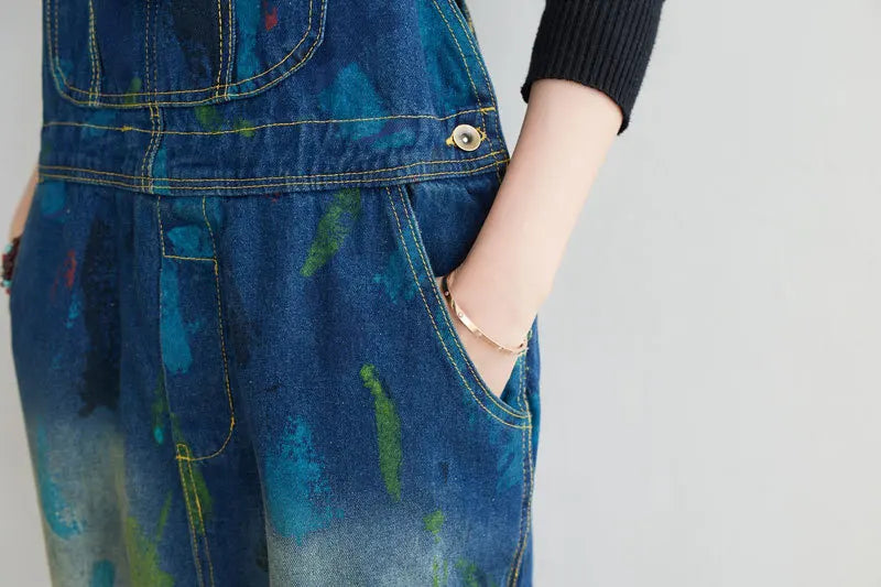 Washed Print Overalls Distressed Women Wide Leg Denim Pants Ankle Length Jean Loose Vintage Jeans Spliced One Piece Casual Aviola