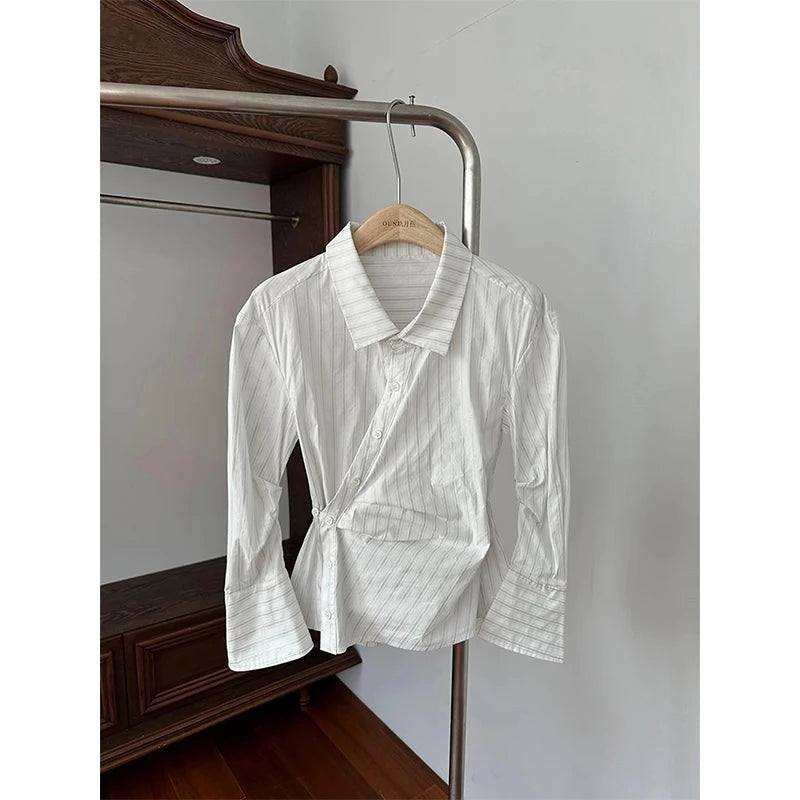 MEXZT Elegant Striped Shirts Women Vintage Irregular Long Sleeve Blouses Office Ladies Korean Chic Buttons Slim Design Tops New Aviola