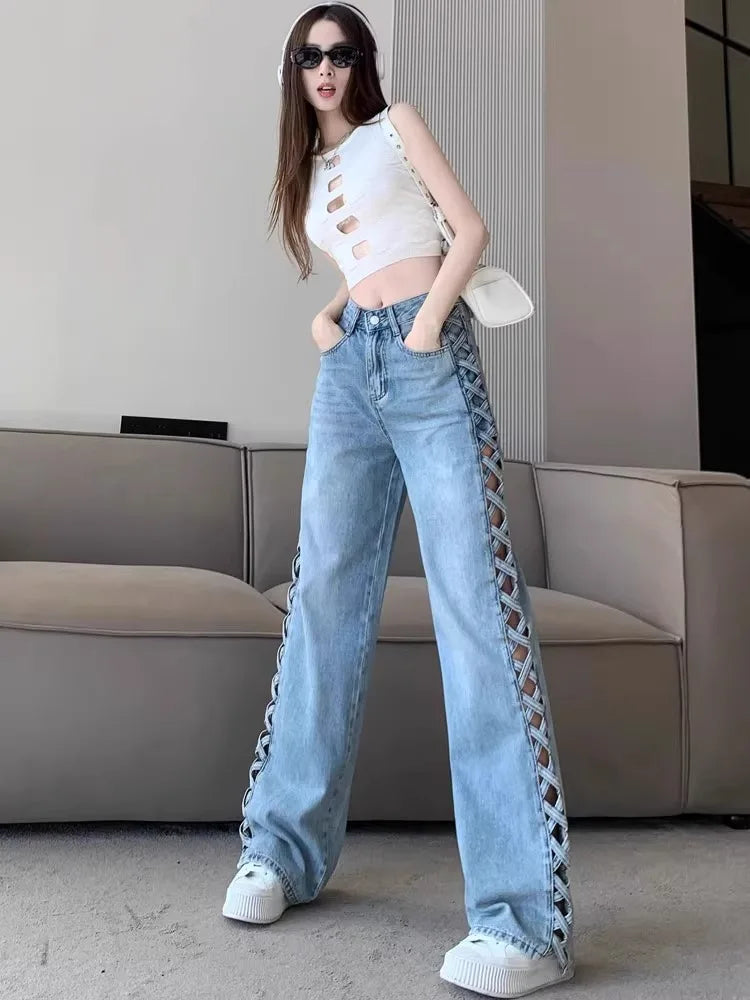 Women Casual Mom Jeans Hollow Out High Waist Trousers Button Zipper Wide Leg Pant Office Lady Loose Spring Club Y2k Streetwear Aviola