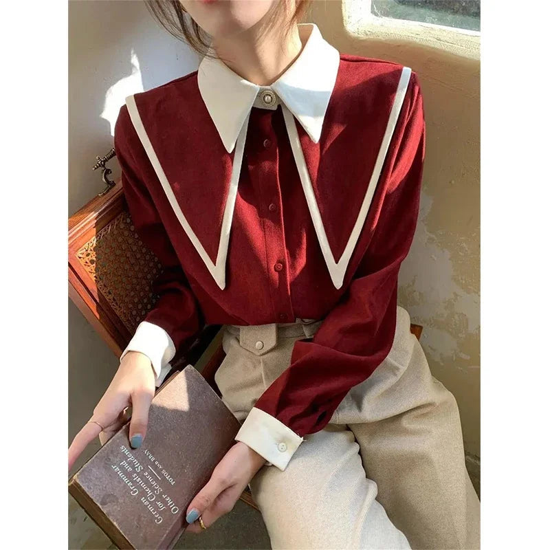 MEXZT Vintage Elegant Shirts Women Chiffon Patchwork Ruffle Turn Down Collar Long Sleeve Blouse Korean Office Lady Loose Tops Aviola