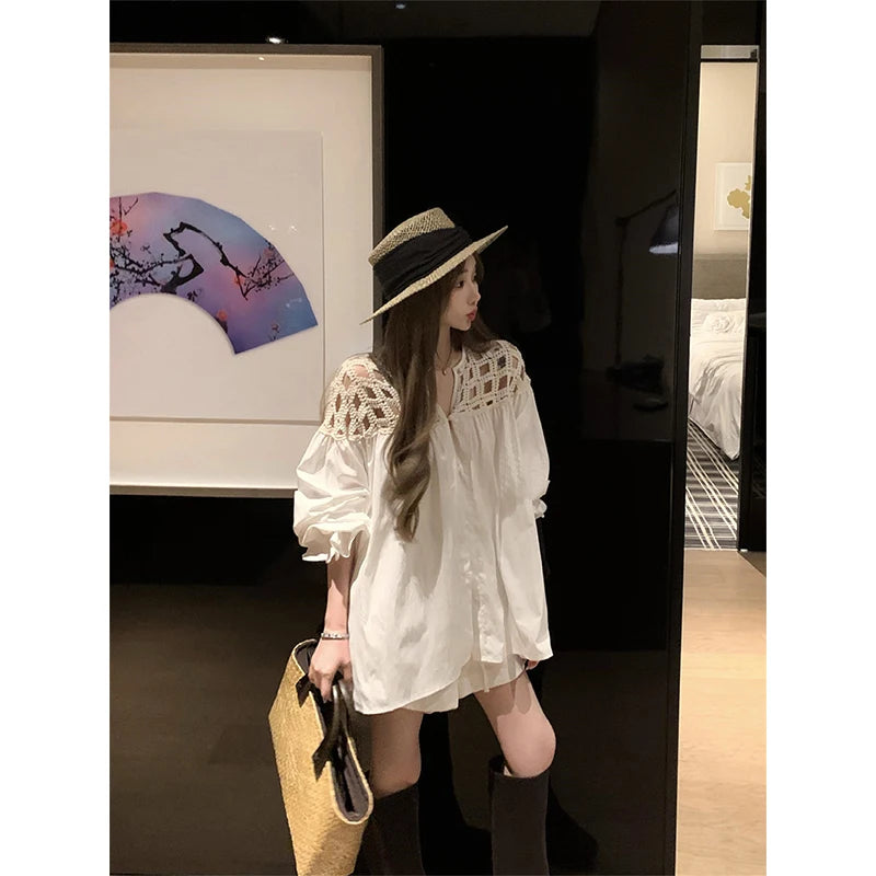 MEXZT Vintage White Shirts Women Streetwear Hollow Out Oversized Blouses Summer Ladies Korean Lantern Long Sleeve Casual Tops Aviola