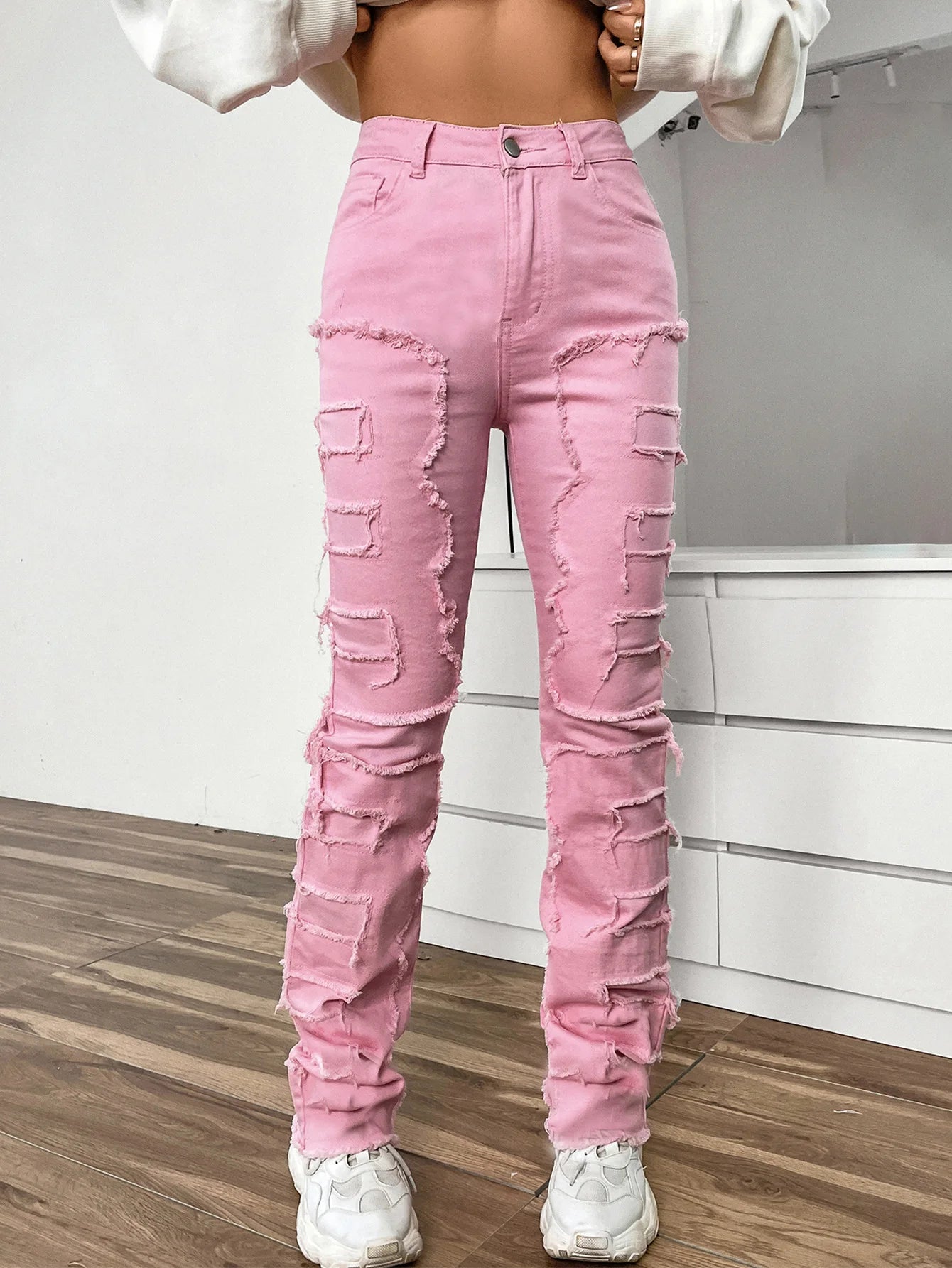 Women Jeans Denim Straight Pants Spliced Patchwork High Street Slim Fit Pockets Mid Waist Washing Zipper Slight Srech 2024 Aviola