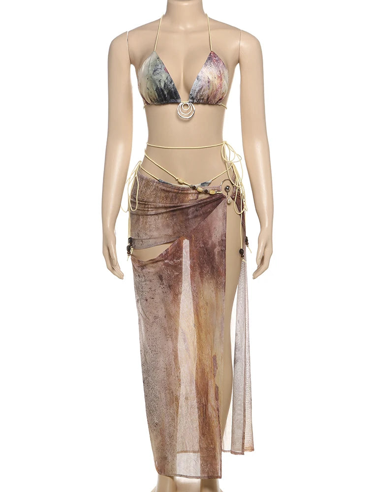 Nibber Lace-Up Women 3-Piece Set Sexy Mini Metal Ring Bra+Sexy Short+Hollow Side Slit Bead See Through Skirts Beach Party Bikini Aviola