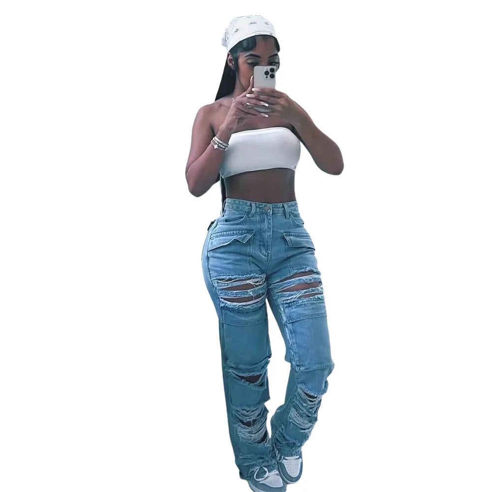 Women Jeans Denim Patchwork Straight Pants Holes Distressed Pockets Washing High Street Low Waist Zipper Fly Flat Winter Aviola